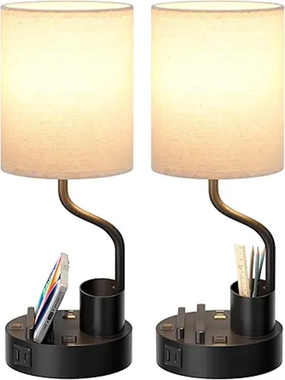Bedside Table Lamps with Charging & Pen Holder (Set of 2)