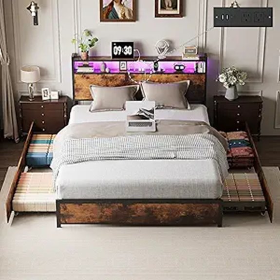 VINGLI Queen Bed Frame with Storage & LED Lights