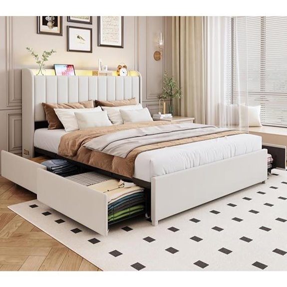 Queen Bed Frame with Storage Drawers and LED Lights