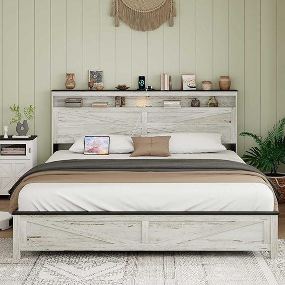 Wood King Bed Frame with Storage & Charging Station