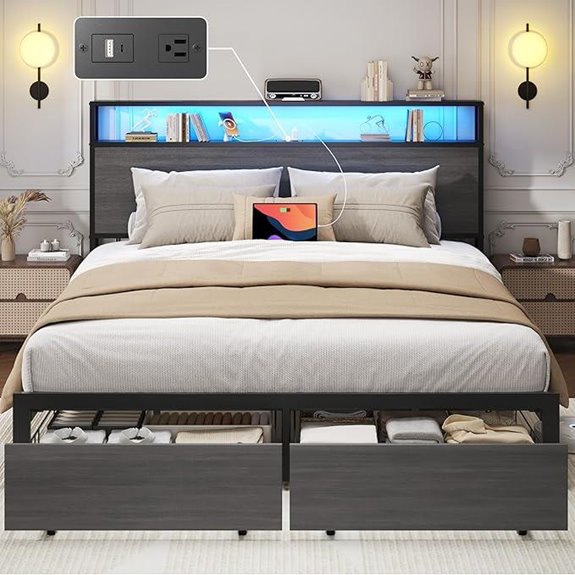 Lifezone Queen Bed Frame with Storage and LED