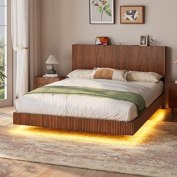Evermagin Walnut Queen Floating Bed with LED Lights