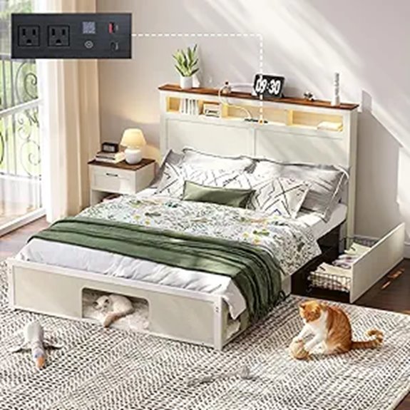 Wood Queen Bed Frame with Storage & LED Lights