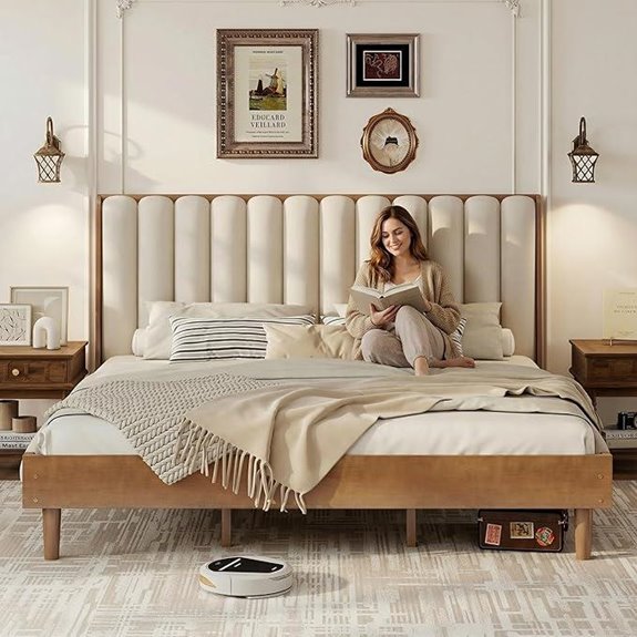Wood King Size Bed Frame with Tufted Headboard